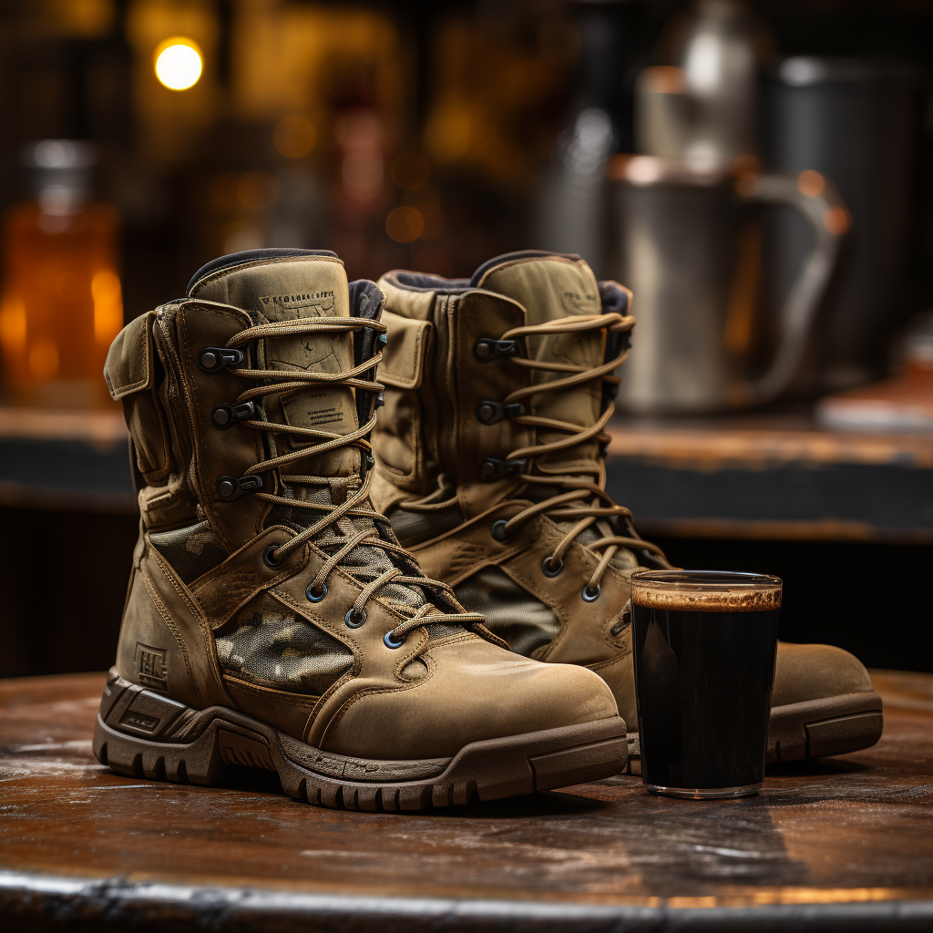 Combat boots on a table next to a cup of coffee