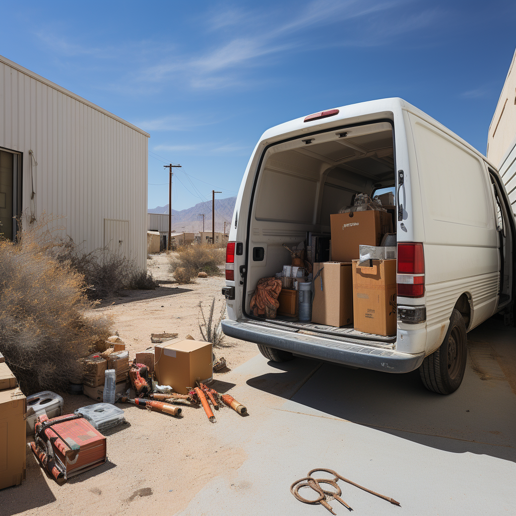 Suspicious looking white van with boxes scattered about