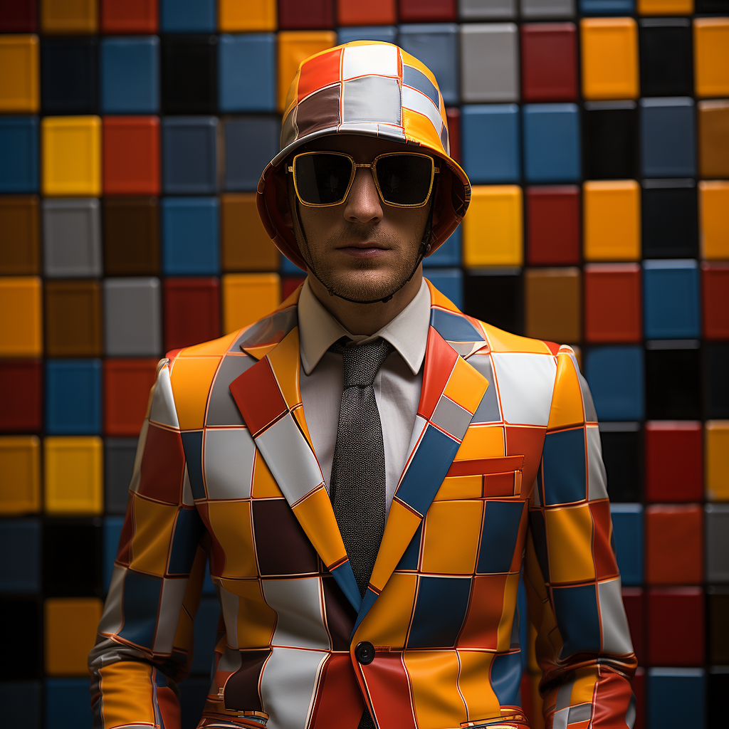 A man in a very unique colorful sportscoat in front of a similarly multi-colored wall to represent uniqueness