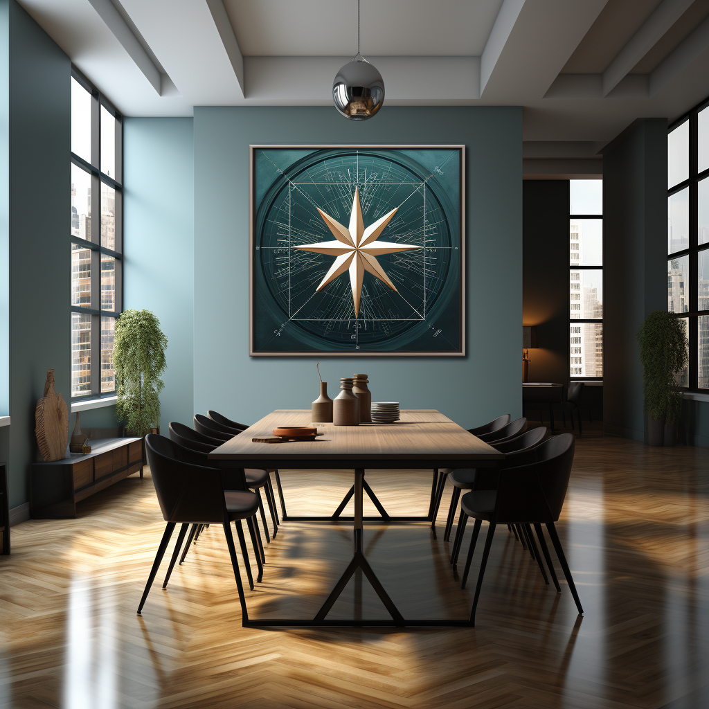 A board room with a painting of the wall of a compass like star on a blue background