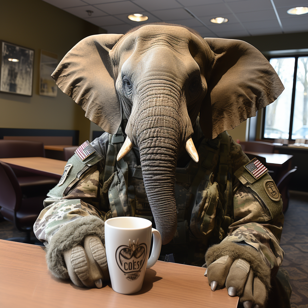 military-green elephant in the room, drinking coffee