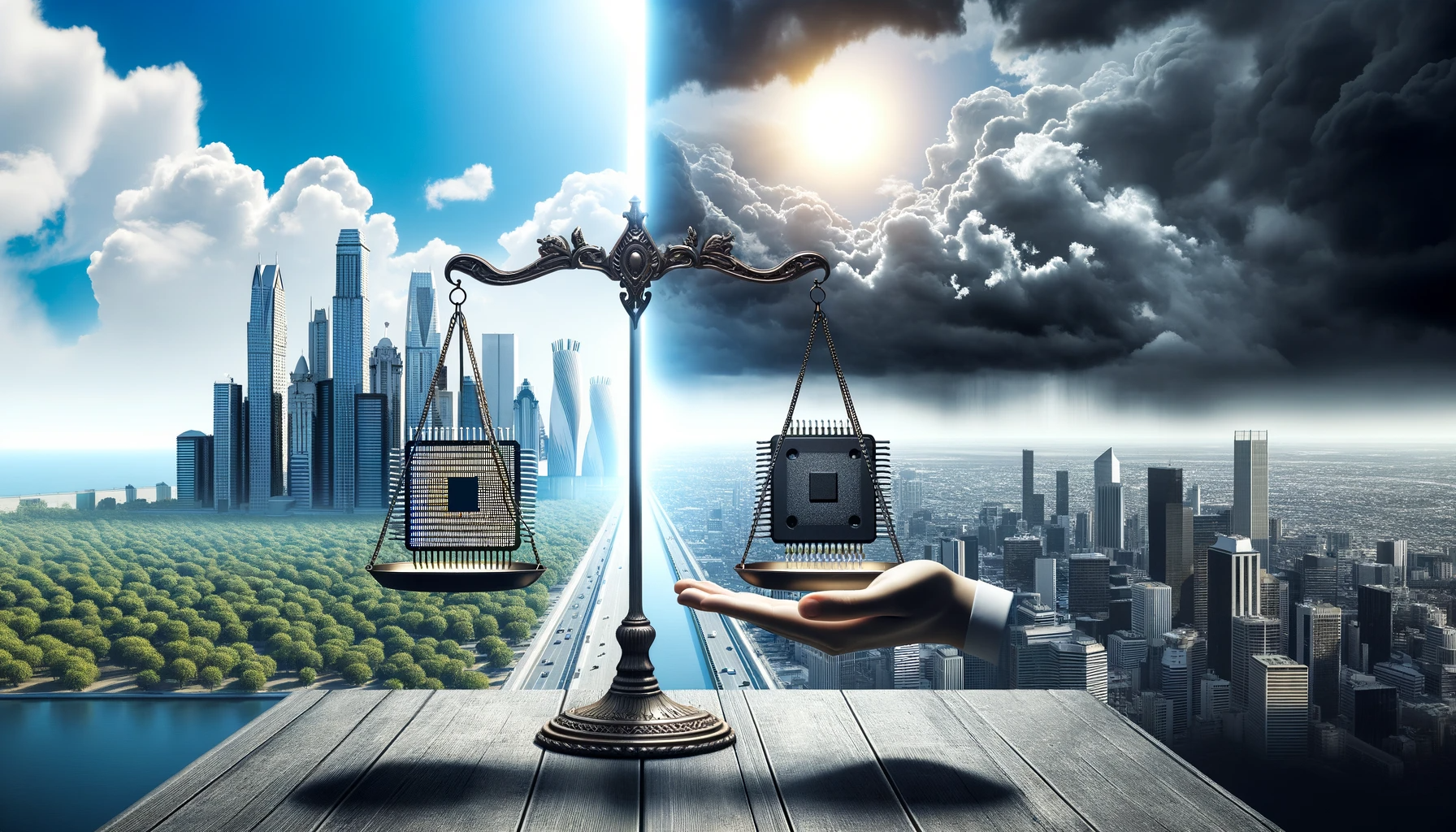 Photo of a futuristic city skyline representing the progress of AI, with half the sky clear and sunny, symbolizing hope, and the other half dark and stormy, representing fear. In the foreground, a balance scale with an AI chip on one side and a human hand on the other, symbolizing the balance of hope and fear in AI development.