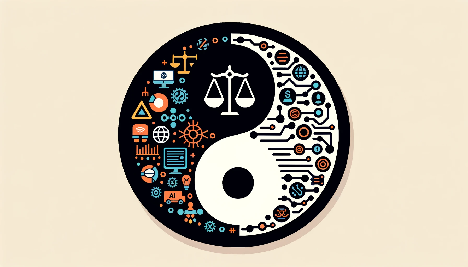 Vector image of a yin-yang symbol. The bright half features icons of health, renewable energy, and transportation, showcasing AI's potential. The dark half contains symbols like a robot's hand over a justice scale and a circuit going haywire, highlighting AI's ethical challenges.