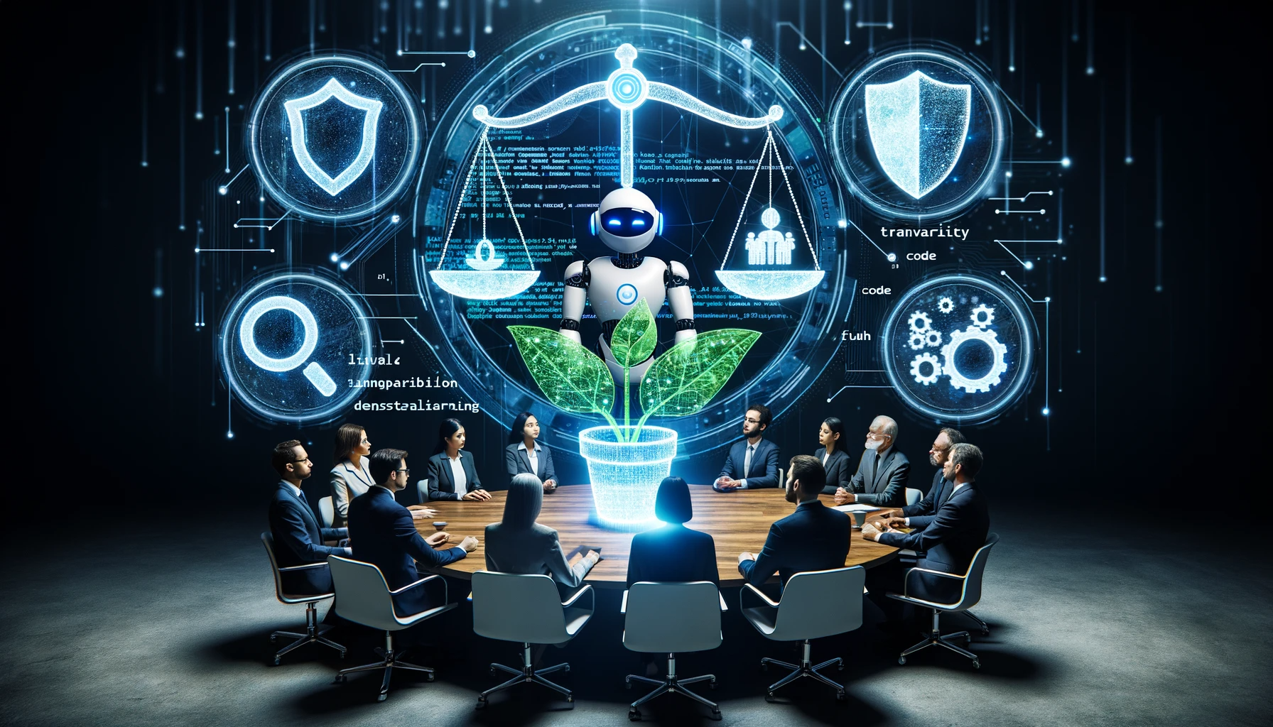 Photo of a roundtable discussion with diverse individuals and a robot, symbolizing collaboration. Above the table, holograms show a balance scale (representing fairness), a shield (symbolizing privacy), a magnifying glass over code (indicating transparency), and a growing plant (depicting learning and adaptation in AI).