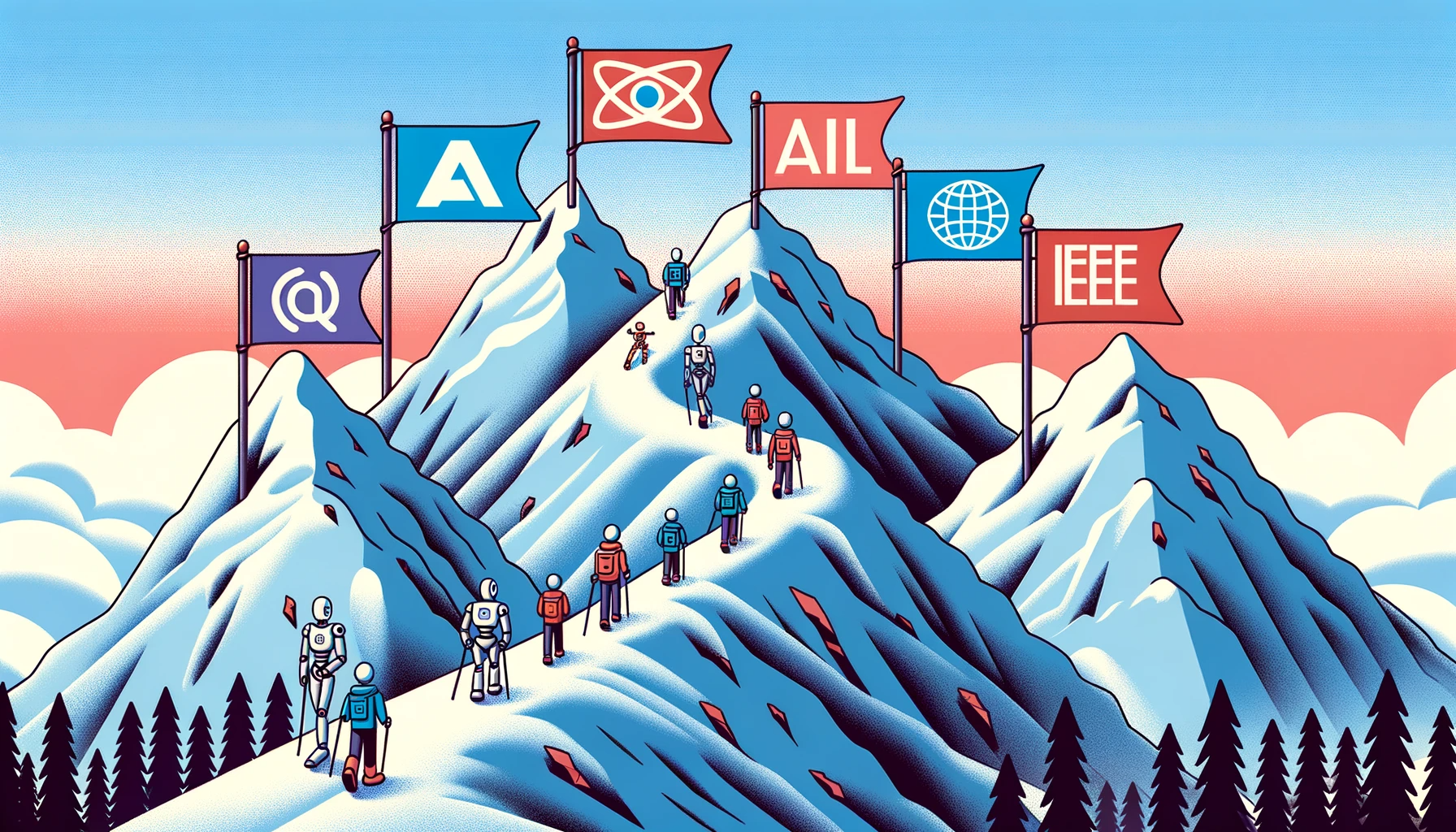 Illustration of a mountain landscape with five peaks, each representing a leading organization in AI ethics. Flags with logos or symbols for OpenAI, AI4ALL, Anthetic, IEEE, and AI Ethics Lab are planted on each peak. Along the mountain trails, climbers, both humans and robots, journey together, symbolizing collaboration in ethical AI.